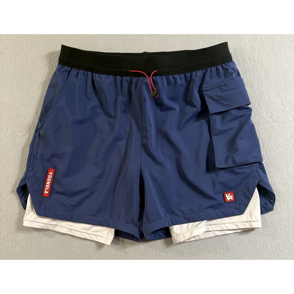 Mens Youngla  2 In 1  Compression Shorts Navy Blue White Sz Medium 4" Inseam
